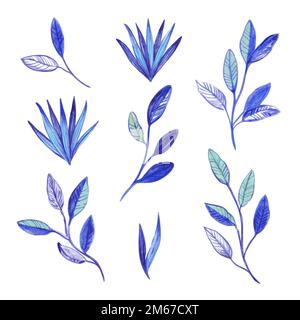 Minimalist hand drawn abstract blue branches and leaves. Modern trendy textured vector illustration Stock Vector
