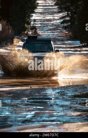 Front Angle view of Off Road Overland Land Cruiser SUV crossing water on a snowy trail in the forest Stock Photo