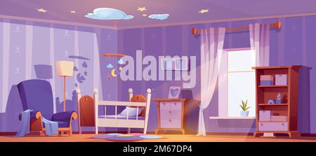 Nursery interior design with crib, toys and armchair. Cartoon vector illustration of baby room with bed, lamp, dresser, carpet on floor, photo frames on wall in purple color, morning light in window Stock Vector