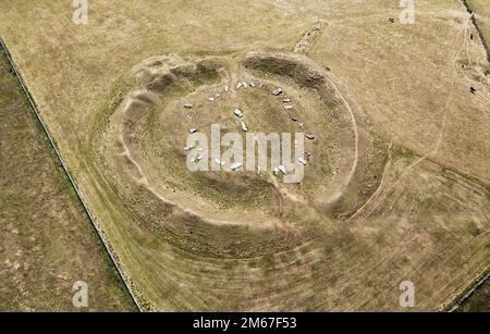 Arbow Low Neolithic henge and stone circle and adjoined bowl barrow on limestone upland near Bakewell, Derbyshire.  Parched summer drought conditions Stock Photo