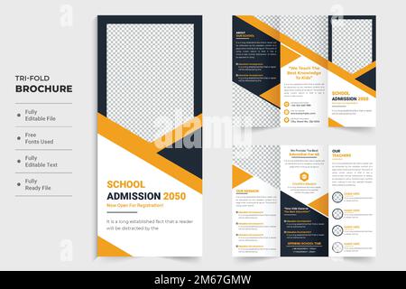 School admission and education trifold brochure design with dark and yellow colors. Academic training center promotion template vector. School facilit Stock Vector