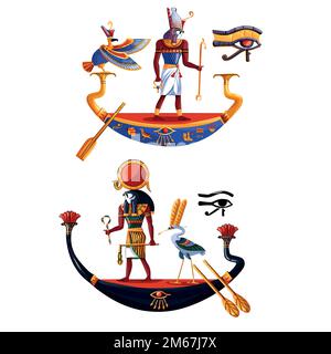 Ancient Egypt sun god Ra or Horus cartoon vector illustration. Egyptian culture religious symbols, ancient god-falcon in night and day boats, sacred birds, isolated on white background Stock Vector