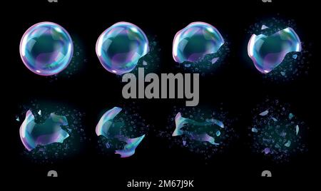Bursting soap bubbles process stages, realistic transparent exploding air spheres of rainbow colors with reflections and highlights, isolated on checkered background, set of vector illustrations Stock Vector