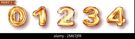 Balloon unique numbers from golden metal foil realistic vector illustration. Gold inflatable symbols or signs for celebrating children birthday or home holiday decor, part 1, isolated on white Stock Vector