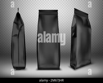 Black blank plastic or foil pack realistic vector. Bag or pouch for snacks, sweets and coffee, front and side view, illustrations isolated on transparent background, mock up for packaging design Stock Vector