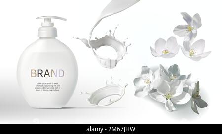 Cosmetic realistic vector background with cream or milk swirl, splash and jasmine flowers. Skin care cosmetics body lotion or liquid soap in white bottle with pump. Mock-up promo banner poster Stock Vector