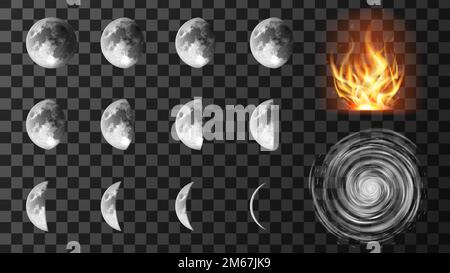 Weather meteo icons isolated realistic set vector illustration. Elements for weather forecast, cyclone with spiral clouds, different phases or stages of lunar eclipses, drought or fire hazard Stock Vector