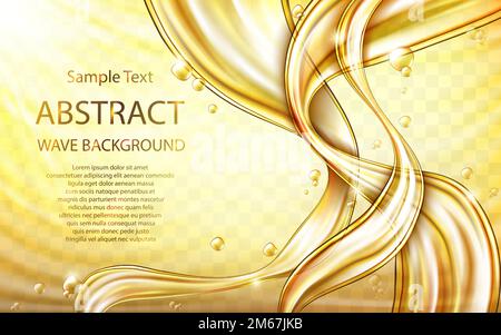 Yellow golden flowing liquid vector abstract wavy background, oil texture with flying drops. Streams of oil, honey or fluid with light element. Template for cosmetic, sale banner or flyer. Stock Vector