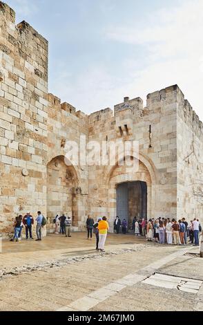 View of the Jaffa Gate in Jerusalem. The old gate has the shape of a medieval gate tower with an L-shaped entryway, which was secured at both ends Stock Photo