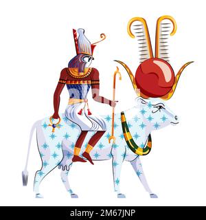 Ancient Egypt legend cartoon vector. Egyptian culture religious symbol, Ra sits on back of star-covered cow, goddess Nut, isolated on white background Stock Vector