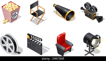 Cinema isometric icons with shadow cartoon vector illustration isolated on white background. Movie industry elements, clapper, chairs, loudspeaker, video camera, film reel, spotlight and popcorn Stock Vector