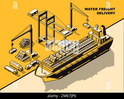 Water freight delivery, yellow isometric line art vector concept. Sea port, river dock with cranes unloading cargo barge or ship with containers. Export import logistics, international cargo shipment Stock Vector