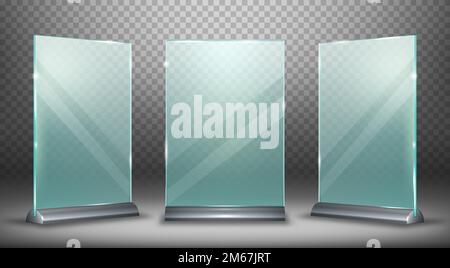 Acrylic display desktop or floor, glass plate with metal holder realistic vector illustration isolated on transparent background, front side view. Empty menu frame or ads with highlights and shadow. Stock Vector