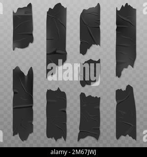 Black duct adhesive tape realistic vector illustration isolated on a transparent background. Badly glued with wrinkles, torn pieces of sticky scotch Stock Vector