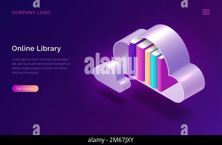Online library isometric concept vector illustration. Virtual cloud shelf with books standing in it, isolated on purple background, landing page website for book storage, electronic reading Stock Vector