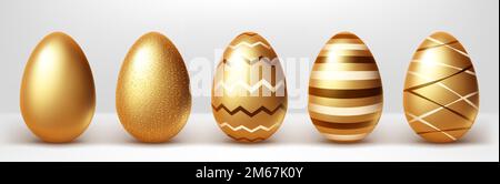 Golden eggs realistic vector set illustration. Shining Easter eggs from gold metal decorated with elegant pattern, festive gift with shadow isolated on white background Stock Vector