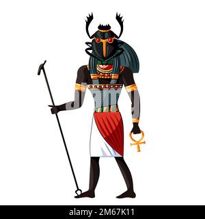 Ancient Egypt scarab-faced god Khepri cartoon vector. Egyptian culture religious symbols, rising or morning sun god with human figure and beetle head with sacred symbols in his hands Stock Vector