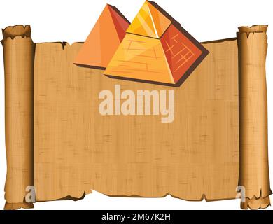 Ancient Egypt papyrus scroll with pyramid silhouette cartoon vector illustration. Ancient paper for storing information, Egyptian culture religious symbols, isolated on white background Stock Vector