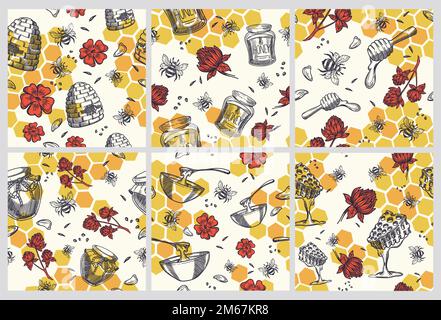 Pattern decoration set with honey jar, bees insect Stock Vector