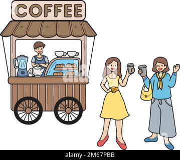 Hand Drawn Street food cart with coffee illustration isolated on background Stock Vector