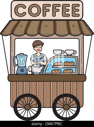 Hand Drawn Street food cart with coffee illustration isolated on background Stock Vector