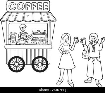 Hand Drawn Street food cart with coffee illustration isolated on background Stock Vector