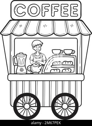 Hand Drawn Street food cart with coffee illustration isolated on background Stock Vector