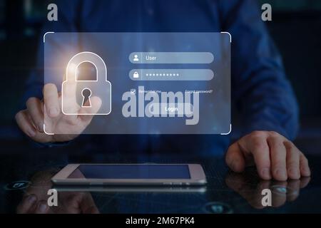 Password and username login page, secure access on internet. Online user authentication sign-in, cyber security, data protection. Finger touching lock Stock Photo