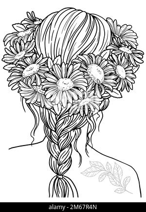 Coloring book for adults. Girl with a hairstyle braided in the hair of chamomile flowers. Vector black contour image on a white background Stock Vector
