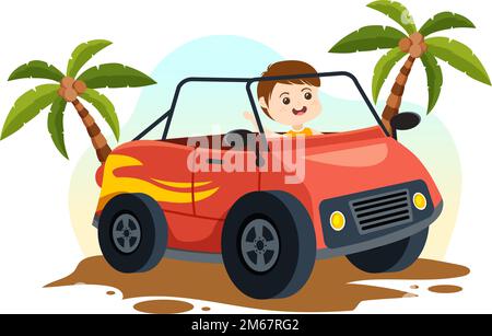 Off Road Illustration with Little Kids Driving a Jeep to Drive Through Sand Terrain in Flat Extreme Sport Cartoon Hand Drawn Template Stock Vector