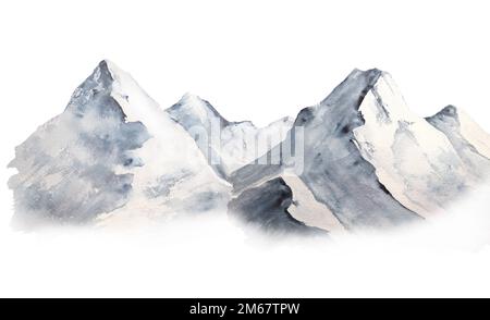 Watercolor illustration of picturesque snowy mountains isolated, minimalist landscape Stock Photo