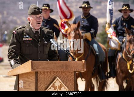 Maj. Gen. David Hodne, commanding general, 4th Infantry Division and Fort Carson addresses the public during the State of the Mountain Post Address at Fort Carson, Colorado, April 14, 2022.  “Our installation and our surrounding community make the “Mountain Post” home, and also make the “Mountain Post” one of the Army’s most vital power projection platforms,” said Hodne. Stock Photo