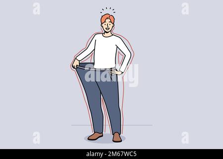 Smiling young man in loose pants show results of diet. Happy slim guy demonstrate nutrition result and weight loss. Vector illustration.  Stock Vector