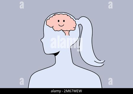 Smiling brain in woman head. Female with positive and optimistic view on life. Concept of optimism and wellbeing. Vector illustration.  Stock Vector