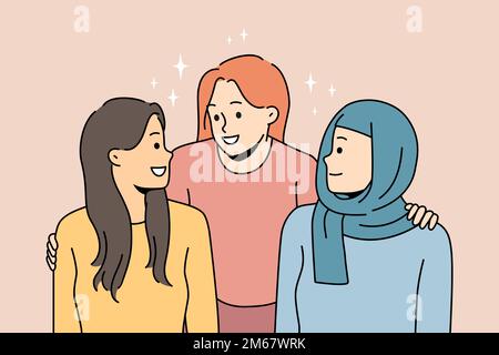 Smiling diverse multiethnic women hugging and talking. Concept of interracial multinational friendship. Vector illustration.  Stock Vector