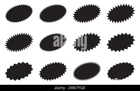 Oval starburst stickers. Black sunburst badges, isolated star price labels set. Stock Vector
