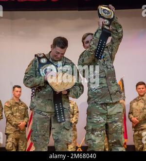 Staff Sgt. Mark Owens and Spc. Brady Dunn, with 759th Ordnance company, wins first place in the 71st Ordnance Group Team of the Year (TOY) competition where 11 American and 3 foreign teams put their EOD skills to the test for a chance to compete at the All Army TOY at White Sands Missile Range, New Mexico, April 14, 2022. The 14 teams were assessed on 15 operations and associated tasks to provide EOD support to large-scale combat operations to eliminate and/or reduce explosive threats. Stock Photo