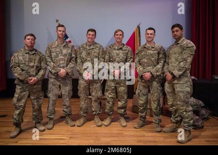 Staff Sgt. Mark Owens and Spc. Brady Dunn, with 759th Ordnance company, wins first place in the 71st Ordnance Group Team of the Year (TOY) competition where 11 American and 3 foreign teams put their EOD skills to the test for a chance to compete at the All Army TOY at White Sands Missile Range, New Mexico, April 14, 2022. Staff Sgt. Lauren Caldwell and Sgt. Cody Lomax, EOD technicians with 774th Ordnance Company take 2nd place and Staff Sgt. Christopher Alicea and Sgt. Daevin Dilbeck, with 764th Ordnance Company, take third place. Stock Photo