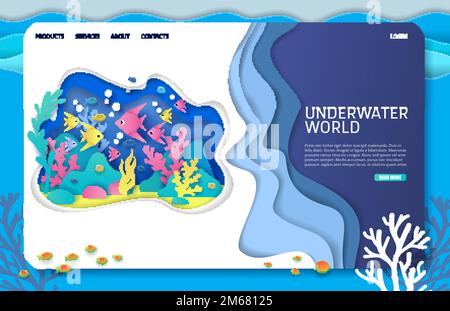 Underwater world vector website template, web page and landing page design for website and mobile site development. Aquarium with paper cut plants, ex Stock Vector