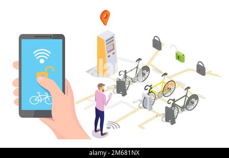 Vector isometric docking station with bicycles available for rent, payment terminal and man unlocking bike via smartphone. Bike sharing and rental mob Stock Vector