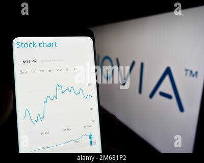 Person holding mobile phone with webpage of US health technology company IQVIA Holdings Inc. on screen with logo. Focus on center of phone display. Stock Photo