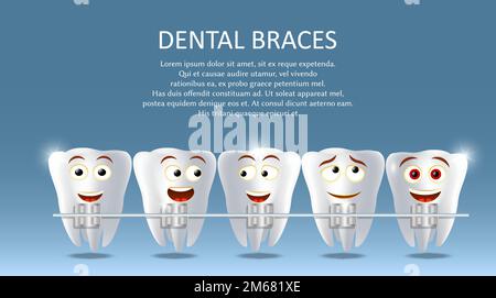 Dental braces vector poster banner template. Cute happy teeth with metal braces. Orthodontic treatment, bite correction or jaw alignment concept. Stock Vector