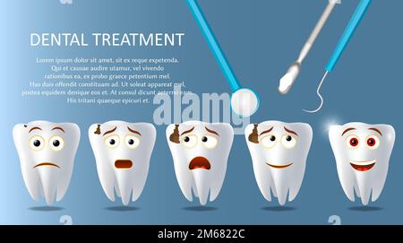 Dental treatment vector poster banner template. Dentist tools, cute sad teeth affected by caries and one happy smiling healthy tooth. Dental health an Stock Vector