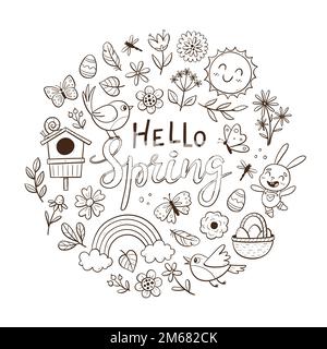 Hand drawn spring background with flowers, butterflies and seasonal objects. Doodle vector illustration with isolated elements. Stock Vector