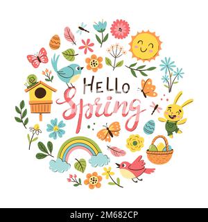 Hand drawn spring background with flowers, butterflies and seasonal objects. Colorful vector illustration with isolated elements. Stock Vector