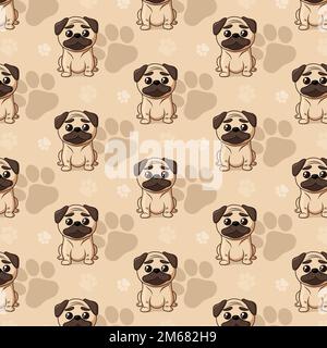 Cute seamless pattern with cartoon Pug and paws. Stock Vector