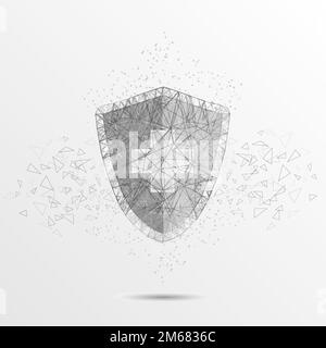 Shield with cross low poly wireframe mesh made of points, lines and shapes. Vector polygonal art style illustration. Medical protection concept for po Stock Vector