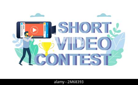 Mobile short video contest vector flat illustration. Short film competition. smartphone filmmaking for mobile film festival concept for web banner, we Stock Vector
