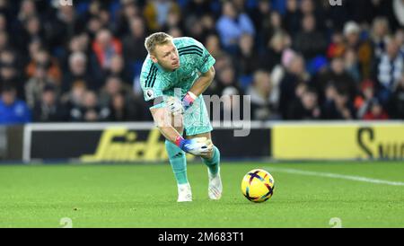 Aaron Ramsdale of Arsenal during the Premier League match between Brighton & Hove Albion and  Arsenal at The American Express Community Stadium , Brighton , UK - 31st December 2022 Photo Simon Dack/Telephoto Images.   Editorial use only. No merchandising. For Football images FA and Premier League restrictions apply inc. no internet/mobile usage without FAPL license - for details contact Football Dataco Stock Photo