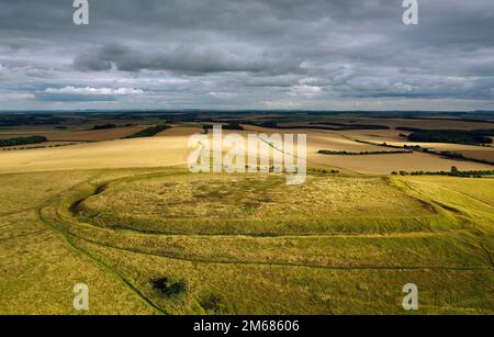 Uffington Castle univallate prehistoric hillfort, dating from late Bronze Age early Iron Age, on the Berkshire Downs, Oxfordshire, England. View south Stock Photo